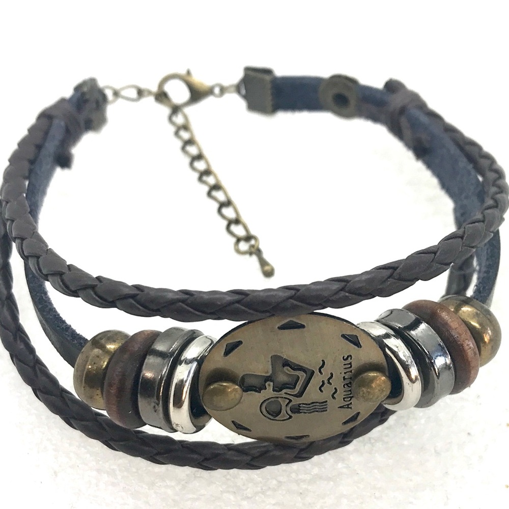 Leather bracelet Aquarius Zodiac with charms adjustable lobster clasp